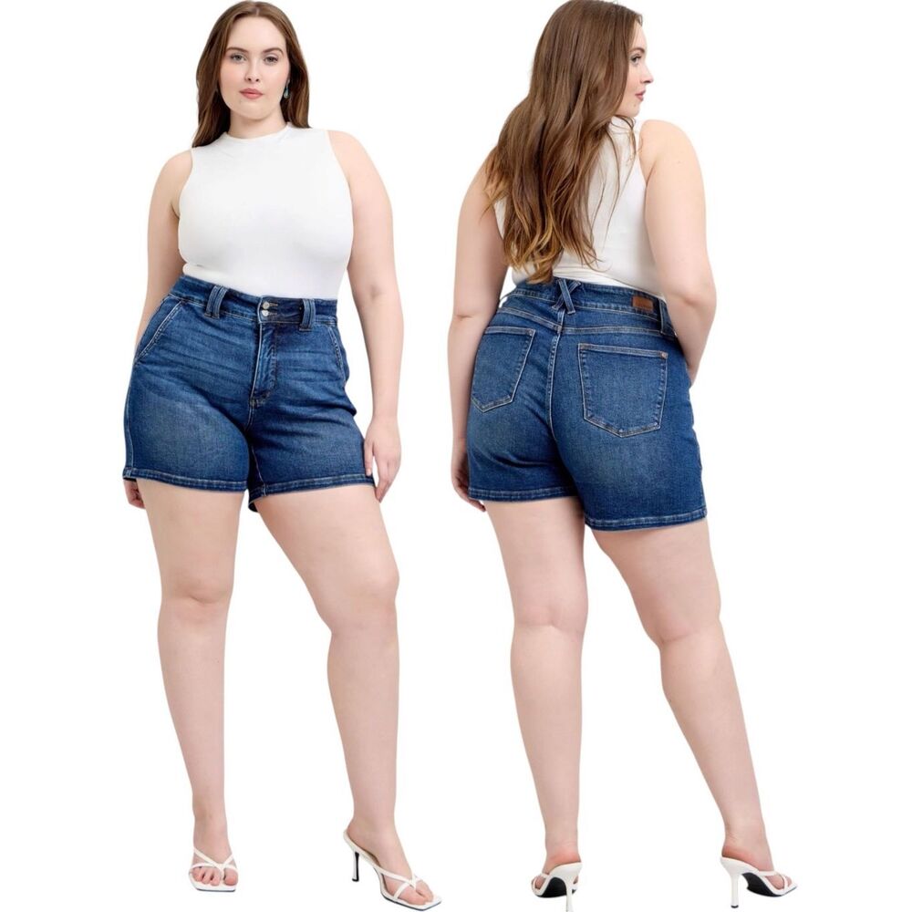 Judy Blue Double Button High Rise Denim Shorts Dark Wash Stretch Size XL NWT - Picture 7 of 11